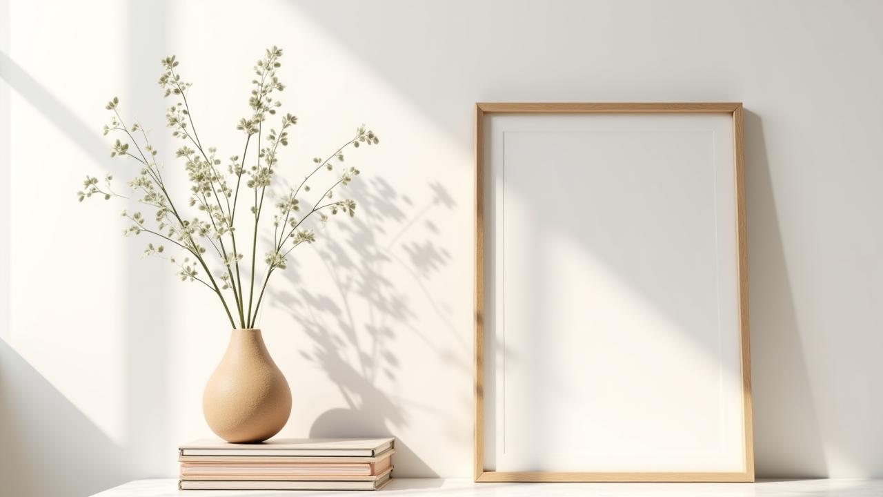 A curated selection of modern living room accents including a ceramic vase and minimalist wall art