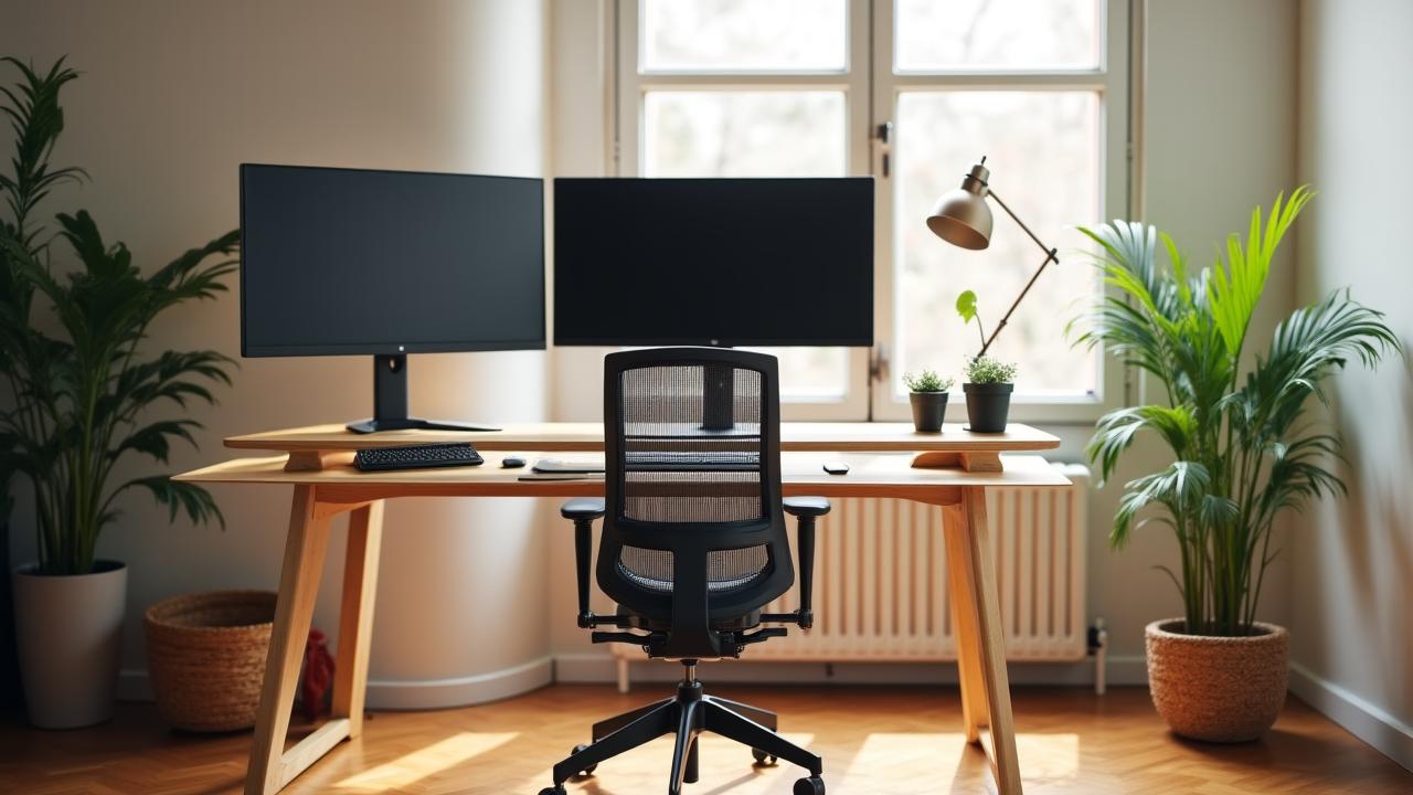 A clean, minimalist home office featuring a wooden desk and an ergonomic chair