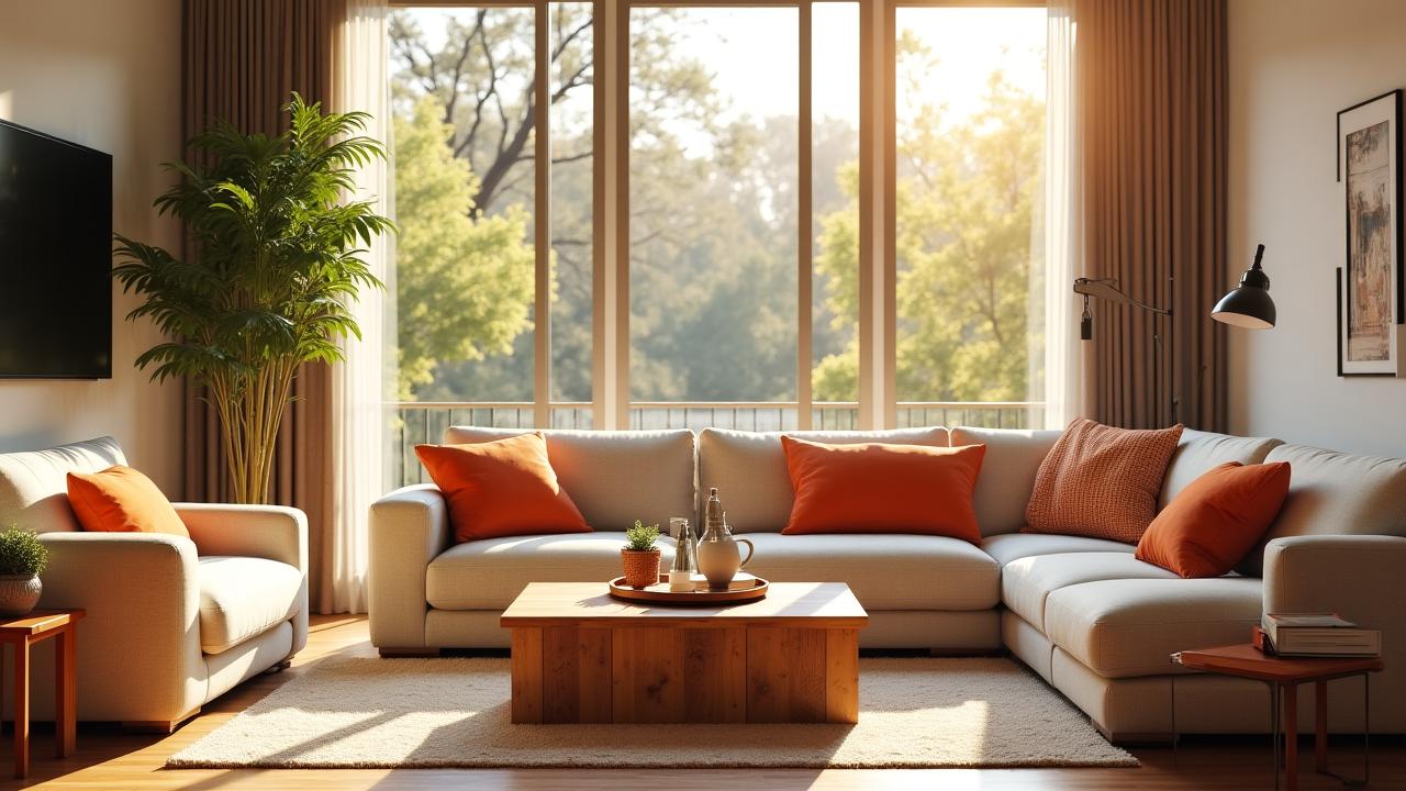 Sun-drenched Nashville living room with mid-century modern furniture and modular seating