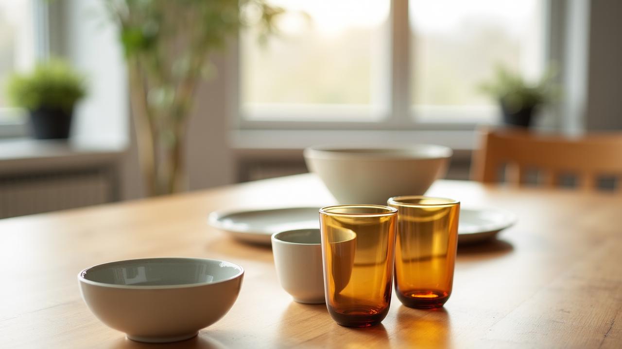 Modern minimalist dining table set with organic ceramic bowls and recycled glass tumblers