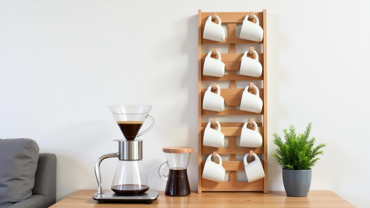 Home coffee station with mug rack and pour-over kit