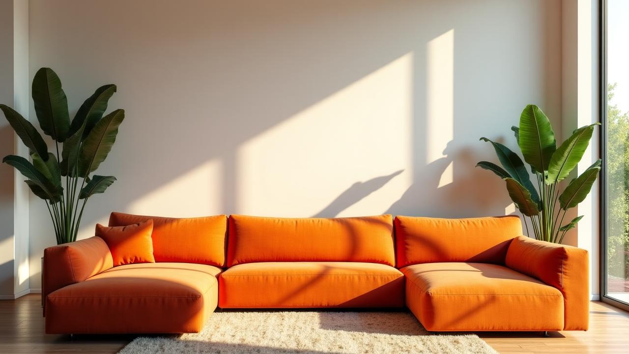 A sunny modern Nashville living room with a burnt orange modular sofa and leafy plants